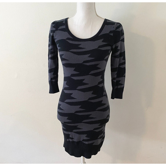 BP Black and Blue Gray Geometric Camo Knit Bodycon 3/4 Sleeve Sweater Dress XS - Picture 1 of 9